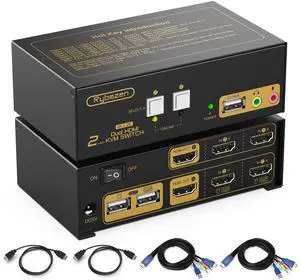 HDMI KVM Switch 2 Monitors 2 Computers, 2 Port Dual Monitors KVM Switcher for 2 PCs Share 2 Monitors and 3 USB Ports, 4K@30 Resolution, with EDID, Audio & Jack Port