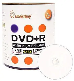 Smart Buy 100 Pack DVD+R 4.7gb 16x White Printable Inkjet Blank Media Record Disc, 100 Disc 100pk