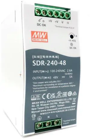 Mean Well SDR-240-48 240W 5A 48VDC Single Output High Efficiency DIN Rail Power Supply with PFC Function for Security System, PoE Application Provided by KAINSC Products