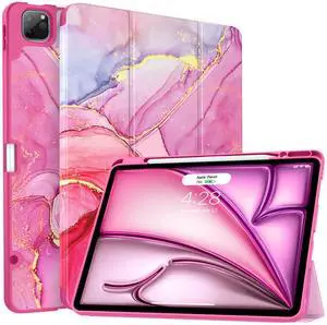 Soke Case for iPad Air 13 Inch (M3/M2,2025-2024), iPad Pro 12.9" 6th/5th Generation with Pencil Holder(2021 2022 Release)-[Apple Pencil Charging + Auto Wake/Sleep] Soft Back Cover, Hot Pink Marble