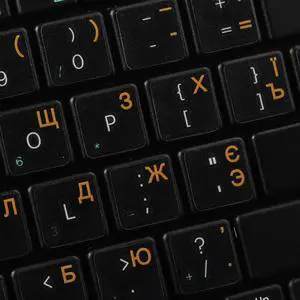 RUSSIAN - UKRAINIAN KEYBOARD LABELS ON TRANSPARENT BACKGROUND with ORANGE LETTERING (14X14)