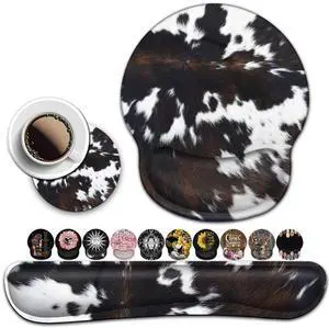 BROWN COW Ergonomic Mouse Pad and Keyboard Wrist Rest - Easy Typing Pain Relief, Memory Foam, Cute Cowhide Design