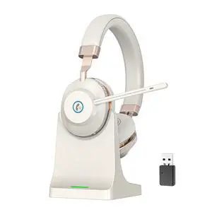 Wireless Headset with Mic for Work, V5.2 Wireless Headphones with Mic Noise Canceling & USB Dongle, 45Hrs Bluetooth Headphones with Microphone Mute & Charging Dock for Office/Work/Meetings/Call Center