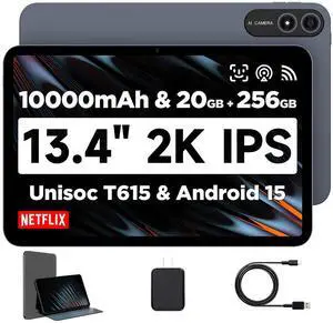 BNCF Bpad 13 Tablet 13.4 inch Large Screen Android 15 Tablet 20GB+256GB 10000mAh, Unisoc T615 Octa-Core 1920x1200 FHD with Widevine L1, 8MP+16MP Camera 2.4G/5G WiFi+BT5.0+GPS with Protective Case