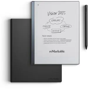 reMarkable Essentials Bundle - Leather Folio | reMarkable 2 Paper Tablet | Black and White 10.3'' Writing Tablet, Marker Plus Pen with Built-in Eraser and Book Folio Case in Black Premium Leather