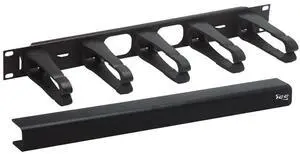 ICC 1U Ring Cable Manager Panel with Cover, Plastic with Metal Back Frame, 4" D-Rings, Horizontal Cable Management, Rackmount for 19 Network Racks, Black, Single Pack