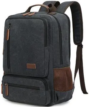 Canvas Laptop Backpack for Men Women,Durable Travel Work Business Rucksack Bookbags Fits 15.6 Inch Notebook & Laptops,College Backpacks Computer Bag Weekender Hiking Daypack(Black)