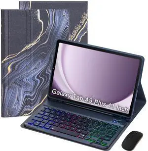 VLEAQC Keyboard Case for Samsung Galaxy Tab A9+/A9 Plus 11 Inch 2023 (SM-X210/X216/X218), Detachable Color Backlit Bluetooth Keyboard and Mouse, Lightweight Stand Cover with Pen Holder (Black Marble)