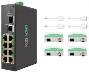 LINOVISION Industrial 8-Port EOC & POE Switch with 4pcs EOC Transmitters, Long Reach PoE Over Coax or UTP Cable, Simplified Wiring, Upgrading Analog System to IP Surveillance System