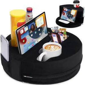 2-in-1 Couch Cup Holder & Adjustable Tablet Stand  Couch Caddy with Cup Holder with 6 Holes & 2 Pockets | Bed Reading Pillow Hands Free Pad Stand for Drinks, Books, Pad, Kindle, Snacks (Black)