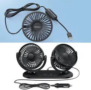 TriPole Car Fan Bundle: USB Powered & 12V/24V Backseat Dashboard Vehicle Cooling Fan for Car, Truck, SUV, RV & Van - 3 Speeds, Rotatable Fan Heads, Black