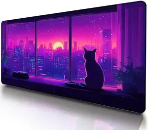 VNDL Large Kawaii Cat Gaming Mouse Pad  Cute Japanese Lofi Anime Desk Mat, Purple XXL Extended Mousepad for Office & Laptop, Waterproof, Non-Slip, Stitched Edges, 31.5 x 15.7 in