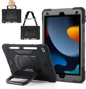 Case for iPad 9th Generation (2021) /iPad 8th Gen (2020)/iPad 7th Gen (2019), Military Grade Shockproof iPad Case Built-in 360°Rotating Stand/Pen Slot/Shoulder Strap, for iPad 10.2 (Black)
