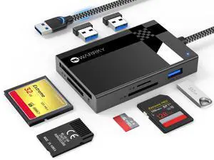 SD Card Reader USB 3.0, WARRKY [2.5FT Nylon Braided, Extra USB 3.0 Ports, 5Gbps] 7 in 1 Memory Card Reader, Micro SD Card Adapter for microSD, SDXC, SDHC, CF, MS, MMC, Micro SDXC/SDHC, UHS-I, More