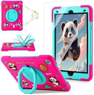 Case for iPad 9th/8th/7th Generation,Cute 3D Cool Panda Warrior Design Cover with Screen Protector, Rugged Protective Cartoon Case with Stand/Strap/Pen Slot for iPad 10.2 Kids Teens (Rose+Mint)