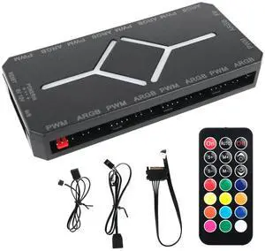 ARGB PWM Fan Hub, Addressable 5V-3PIN 2-in-1 RGB Computer PC Case Fan Hub 1 to 9 Ports Magnetic Splitter with Remote SATA Power Supply, Power Off Memory, Black