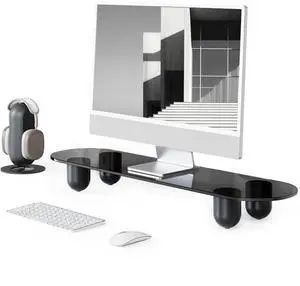 Fenge Monitor Riser, 34 Inch Dual Monitor Stand for Large Monitors, Desk Organizer with Glass Shelf & Solid Wood Legs, Computer Stand for Laptop, TV, PC, Printer, Black