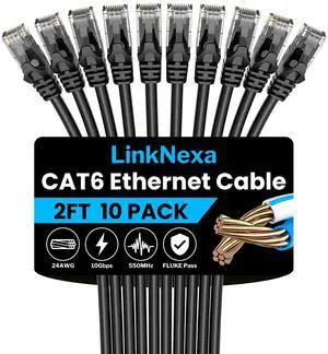 LinkNexa Cat 6 Ethernet Cable 2ft(10 Pack), High Speed 10Gbps Network Cable, UTP 24AWG Flexible RJ45 LAN Internet Cable for Computer, Router, Modem, PS4/5, Xbox, Gaming, Black