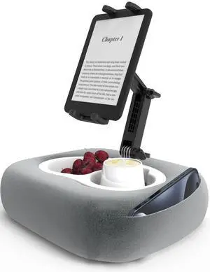 LYFICCS Tablet Pillow Stand, Tablet Holder for Bed with 360° Adjustable Height Arm for 4-13" iPad/Kindle/Galaxy Tab/Phone, Kindle Stand with Soft Plush Fabric, Detachable Bowl, Gray