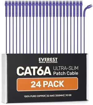 Everest Ultra Slim Cat6a Ethernet Patch Cables 6ft (24-Pack) Purple - 10GB Cat 6a Patch Cable - Bendable, Flexible & Thin Ethernet Cable - Space Saving 32AWG 550MHZ Cat6a Cables - 100% Copper Wires