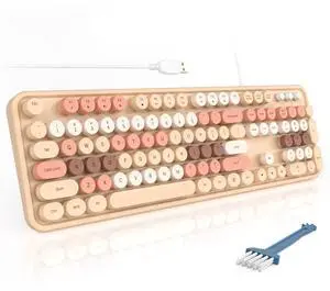 MOFII Wired Keyboard, Full Size USB Keyboard Plug Play, Colorful Retro Round Typewriter Keyboard with Foldable Stands for Windows PC Laptop (Milk Tea Colorful)