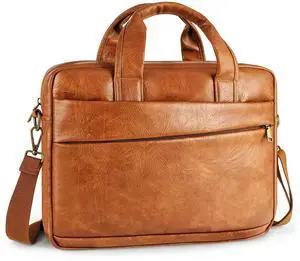 Faux Leather Messenger Bag for Men 15.6 Inch: Laptop Bag Briefcase Computer Handbags Shoulder Crossbody Bag with Padded Laptop Sleeve for Work College Travel, PU Brown