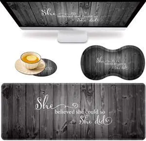 VSOJSOJKE Large Game Mouse Pad + Wrist Support Pad + Coffee Coaster, She Believed She Could,So She Did Foldable Table Mat with Stitched Edge, Non-Slip Set Pad Suitable for Office Work and Home