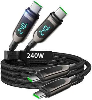 VisionSync 240W USB C to USB C Cable [6.6ft/2Pack],Nylon Braided Type C Fast Charging Cable with LED Display for iPhone 16/16 Pro Max/15/15 Pro Max, Samsung S25/S24 Ultra, MacBook, iPad, Laptop,Black