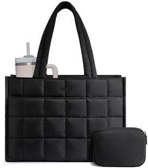 LOVEVOOK Tote Bag for Women, Puffer Work Handbag 17 Inch Laptop Purse for Nurse Teacher, Large Quilted Travel Tote Shoulder Bag with Zipper for College Office Clinical Gym, Black