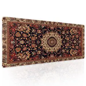 Vintage Rug Gaming Mouse Pad XL Dark Brown Retro Carpet Aesthetic Extended Large Mat Mousepad Desk Pad Non-Slip Rubber Base Stitched Edge Flower Keyboard Pad Playmat for Computer,31.5×11.8 Inch