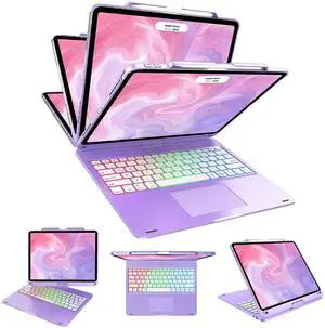Swivel Wireless Keyboard Case for iPad Pro 12.9 (6th/5th/4th/3rd Gen), Rainbow Backlits & Multi-Touch Trackpad, Magic 360° Rotatable Protective Keyboard Cover with Pencil Holder, Thin & Light - Purple