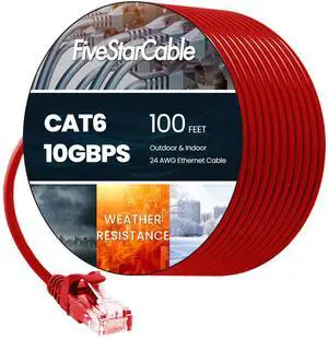 FiveStarCable 100FT Cat6 Ethernet Cable, High-Speed Patch Cable, Flat LAN Cable with RJ45 Connectors, 10Gigabit Internet Network Cord for Router, Modem, Gaming, PC, Xbox, PS5, Computer, Red