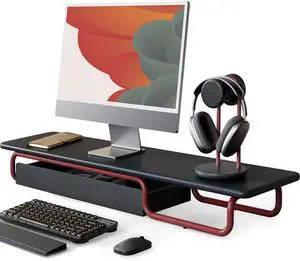 Fenge Dual Monitor Riser, 37 Inch Monitor Stand for Desk, Solid Wood Desk Shelf with Large Drawer Organizer, No Assembly Computer Stand for PC, Laptop, Printer, TV