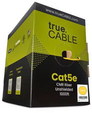 trueCABLE Cat5e Riser (CMR), 1000ft, Yellow, 24AWG 4 Pair Solid Bare Copper, 350MHz, PoE++ (4PPoE), ETL Listed, Unshielded Twisted Pair (UTP), Bulk Ethernet Cable