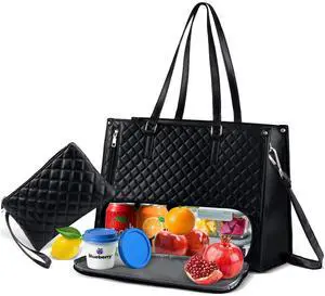 URSKYTOUS Laptop Tote Bag for Women 2 in 1 PU Leather Work Bag with Insulated Lunch Compartment 16.5 Inch Lunch Bag with Purse Large Capacity Computer Handbag Black Business Tote for Office Travel