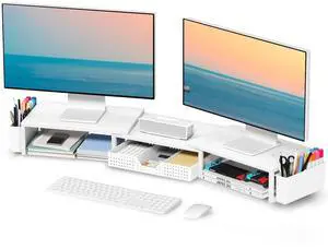 OPNICE White Dual Monitor Stand Riser, Metal Desk Organizers and Accessories with Drawer and 2 Pen Holders, Computer Monitor Stand for Desk