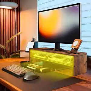 BESHIGH 2 Tiers Computer Monitor Stand with LED Light, 16'' Wood Monitor Riser Office Desk Storage Accessories,Desktop Organizer Shelf for Laptop,Printer, Gaming PC Screen Riser for Home