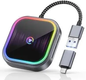 FAHREN 2-in-1 Wireless Carplay Adapter for iPhone & Android, Mini Apple Carplay Dongle & Android Auto Adapter Audio Reactive Lighting Design, Bluetooth Connection, with USB Type-A & Type-C
