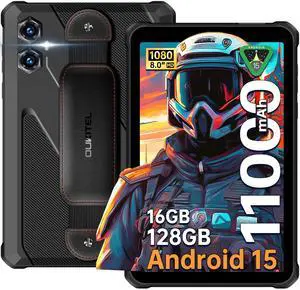 OUKITEL RT3 Plus Rugged Android 15 Tablet, 16GB+128GB 1TB Expandable Waterproof Tablets, 8 Inch HD Display, 1100mAh Battery Industrial Tablet PC, 16MP+8MP, IP68&IP69K, 4G Dual SIM/BT5.0/OTG/NFC, Black