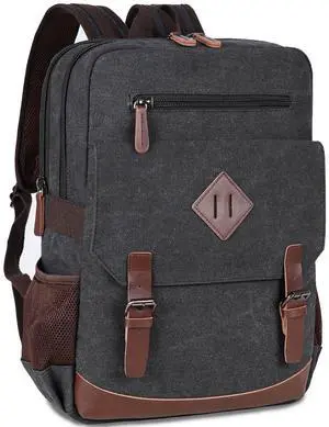 Canvas Vintage Laptop Backpack for Women Men, College Bookbag Fits 15.6 Inch Laptop (Black-Upgrade)