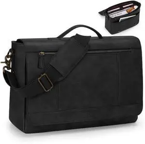 RAINSMORE Leather Messenger Bag for Men 15.6 Inch Laptop Bag Vintage Briefcase Large Computer Bag Satchel Shoulder Bag For College,Work,Business,Office,Black