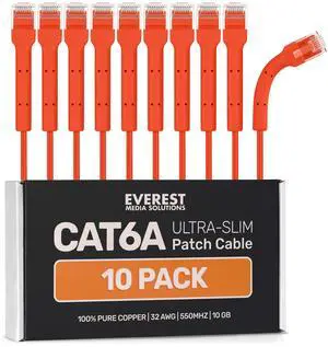Everest Ultra Slim Cat6a Ethernet Patch Cables 6ft (10-Pack) Orange - 10GB Cat 6a Patch Cable - Bendable, Flexible & Thin Ethernet Cable - Space Saving 32AWG 550MHZ Cat6a Cables - 100% Copper Wires