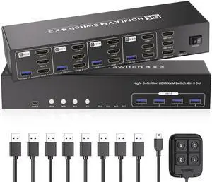 USB 3.0 HDMI KVM Switch 3 Monitors 4 Computers with 4 Port USB 3.0 Hub, 8K@60HZ 4K@120Hz 4 Port HDMI KVM Switch for 4 PCs Share 1 Set of Keyboard, Mouse and 3 Monitors