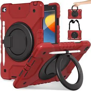 Andnary Case for iPad 9th/8th/7th Generation 10.2 inch, Heavy Duty Shockproof Cover with 360° Rotating Handle/Bracket/Pen Holder/Shoulder Strap, Kids Case for iPad 2021/2020/2019 (Red+Black)