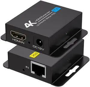 4K HDMI Over Ethernet Extender Over CAT5e/6 HDMI Extender RJ45 4K30Hz Upto 131 Ft 1080P Upto 196 Ft Supported EDID and POC Function Transmitter and Receiver with DC 12V Power Adapter