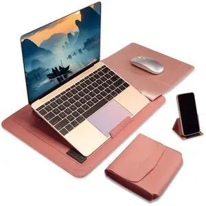 immoenuc Multifunctional 14 inch Laptop Sleeve with Stand | Water-Resistant PU Leather Portable Laptop Case, Built-in Adjustable Stand & Mouse Pad, for 13-14" MacBook/Notebook (15.7"x10") Rose Gold