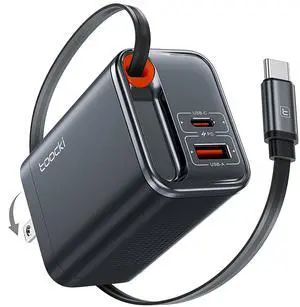 Toocki 3 in 1 Retractable Wall Charger 67W, Super Fast Charger USBC Charging Block with Type-C Cable & 2 USB Ports for iPhone 17 Pro Max Air, MacBook Air, iPad Pro, Galaxy S25, Pixel10 Pro, Laptops