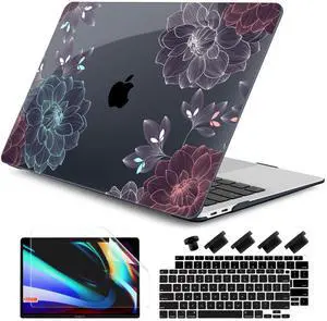 DONGKE Compatible with MacBook Air 13 inch Case 2021 2020 2019 2018 Release A2337 M1 A2179 A1932 with Retina Display Touch ID, Plastic Hard Shell & Keyboard Cover - Dahlia Flowers