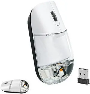 Wireless Mouse with Liquid Water Section & Floater Animal Portable Retro Silent Cute Aqua Mouse with USB Receiver Lightweight 1000DPI Optical Clear Water Mice for Laptop PC Computer (White, Penguin)
