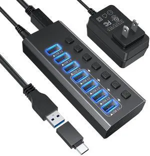 Powered USB Hub 3.0, GKEAPZA 7-Port USB 3.0 Hub [Durable Aluminum] 7 Data Transfer Ports+ 4 Smart Charging Ports with Individual On/Off Switches, USB Hub 3.0 Powered with Power Adapter for Laptop PC